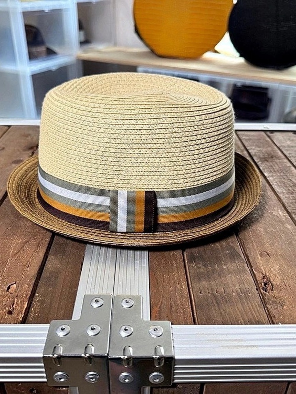 Henschel Hat Co Two Tone Straw Pork Pie Hat Large 59cm Striped Band